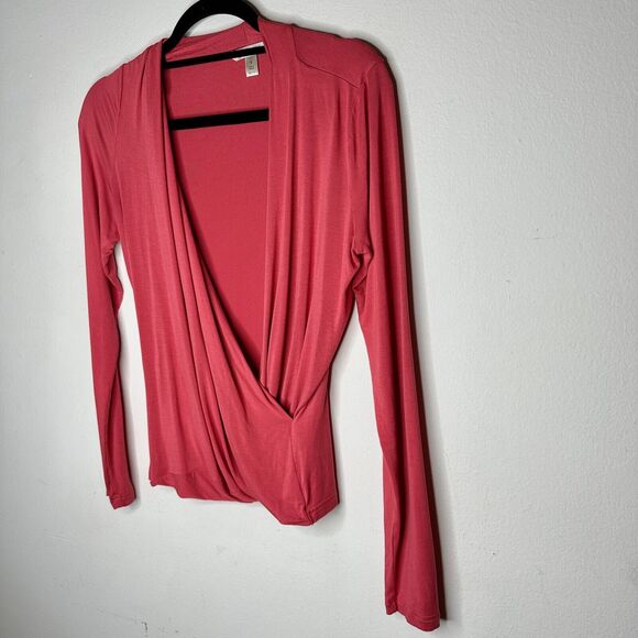 Banana Republic Dark Coral Long Sleeve Deep Draped VNeck Faux Wrap Top S - Picture 3 of 10